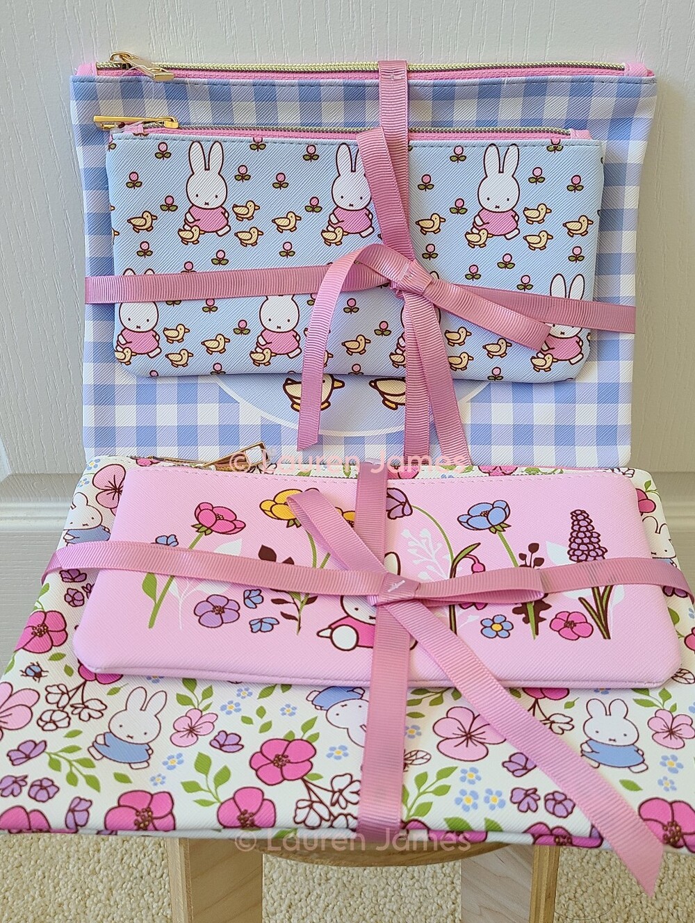 Miffy Pink Spring Floral and Blue Gingham Ducks Pencil Pouch Set